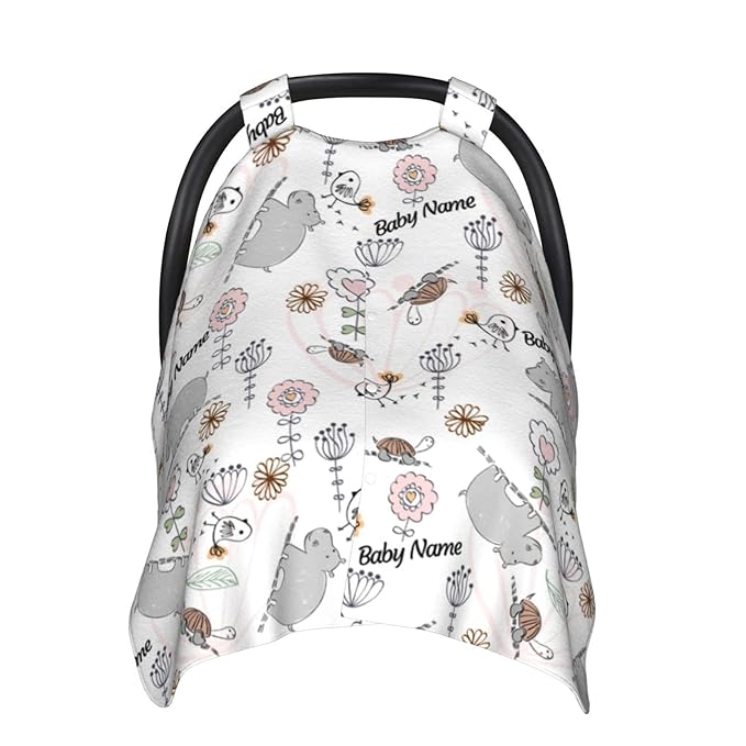 Personalized Cute Tortoise Hippo Baby Infant Car Seats Canopy for Babies with Name, Custom Car Seat Covers for Baby Boys Girls, Peekaboo Minky Nursing Breastfeeding Stroller Canopies for Newborn