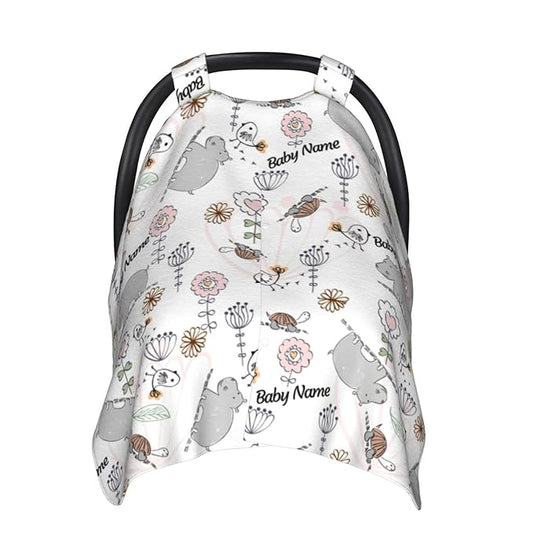 Personalized Cute Tortoise Hippo Baby Infant Car Seats Canopy for Babies with Name, Custom Car Seat Covers for Baby Boys Girls, Peekaboo Minky Nursing Breastfeeding Stroller Canopies for Newborn