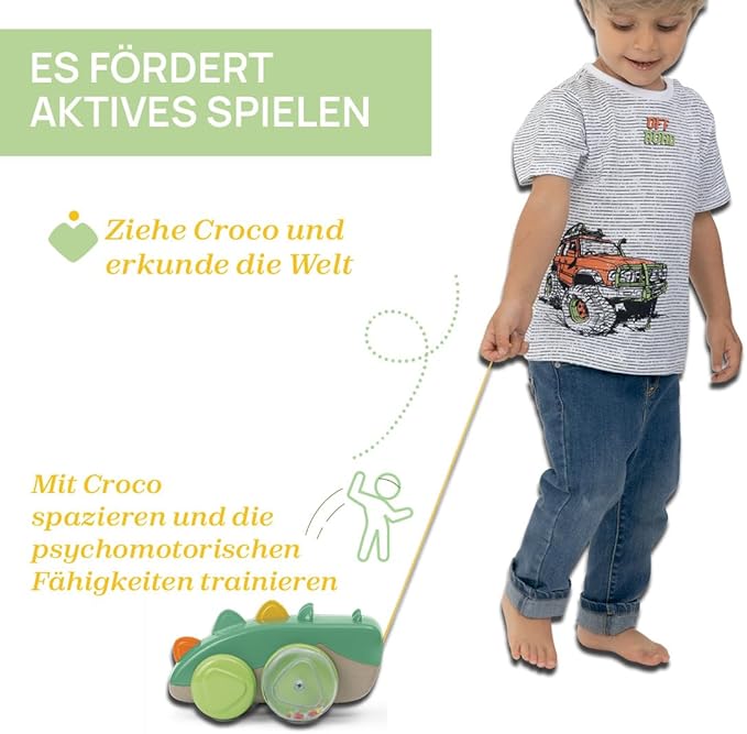 Chicco, Crocodile Pull Along Eco+, Pull Along Toy, 50 cm Long Rope, Wheels with Balls, Tumbling Movement, Recycled Plastic, Made in Italy, Children's Toy from 12-36 Months
