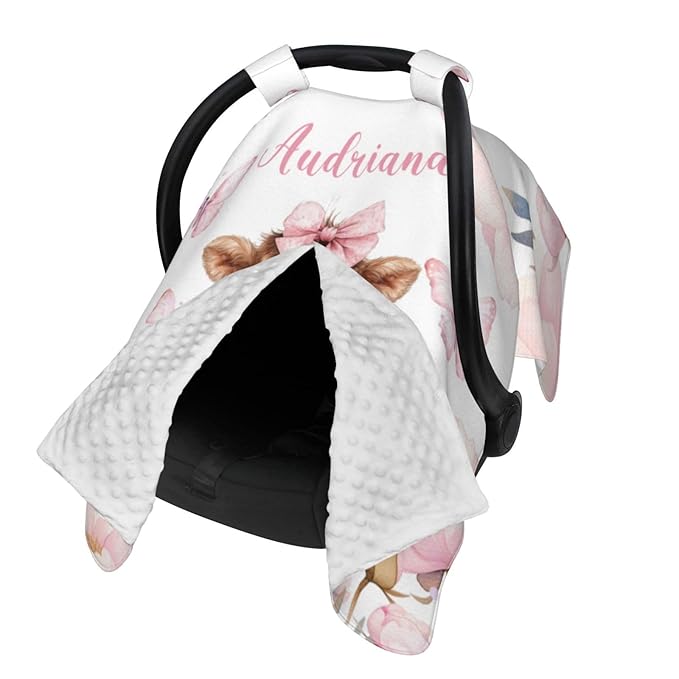 Personalized Baby Car Seat Canopy with Name – Custom Highland Cow Pink Minky Nursing Cover for Girls, Soft Stroller Cover for Infants & Newborns, Carseat Canopy for Breastfeeding