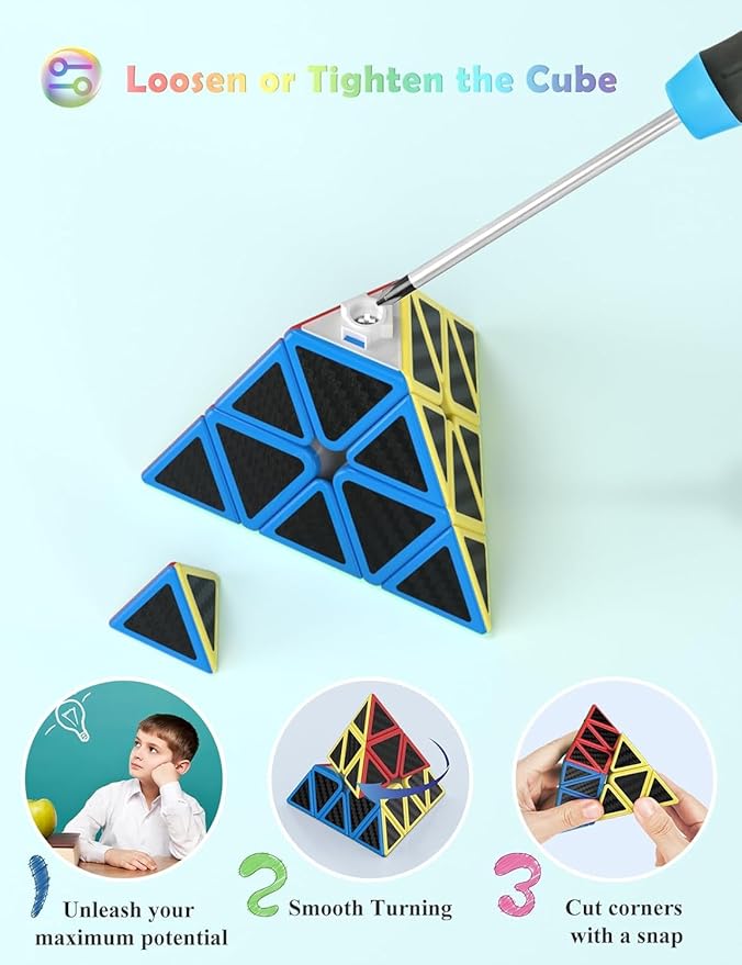Speed Cube Set, Speed Cube Bundle of 2x2 4x4 Megaminx Pyramid Cube and Windmill Cube Smoothly Carbon Fiber Sticker Magic Cubes Collection for Kids & Adults [5 Pack]