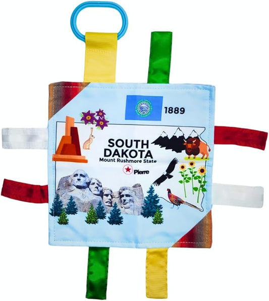 Baby Jack & Co 8x8” Learning Lovey South Dakota State Tag Stroller Toy for Babies - Crinkle Toys for Developing Five Senses - Learn About Capitals - Travel with Baby Jack - BPA Free Clip