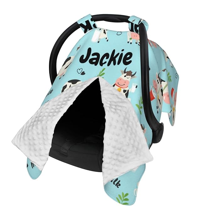 Custom Baby Car Seat Canopy for Babies with Name, Personalized Cute Cow Baby Car Seats Covers for Boys, Opening Minky Nursing Breastfeeding Stroller Cover Infant Carseat Canopies for Newborn