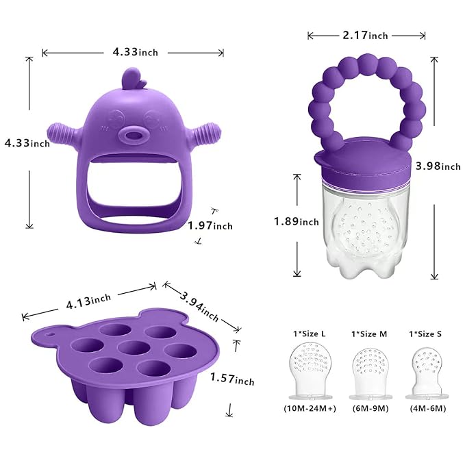 6-in-1 Baby Fruit Feeder Pacifier & Baby Food Feeder Set – Silicone Breastmilk Popsicle Mold with Freezer Tray, Teething Relief Toy, BPA Free Infant Feeder, 3 Sizes (S/M/L) Sacs (Purple)
