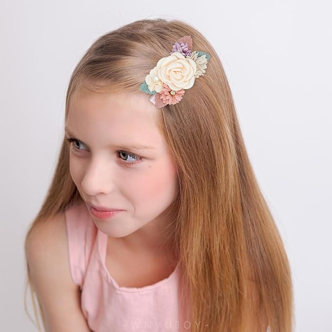 3pcs Girls Flower Hair Clips, Floral Hair Barrettes w/Boutique Fully Lined Alligator, Hair Bows for Baby Newborn Toddler