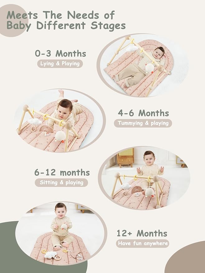 4-in-1 Wooden Baby Play Gym & Activity Mat, Soft Cotton Tummy Time Mat for Babies 0+,with 3 Detachable Toys for Sensory & Motor Skill Development,Newborn Infant Baby Essentials Gift,Blush-Rainbow