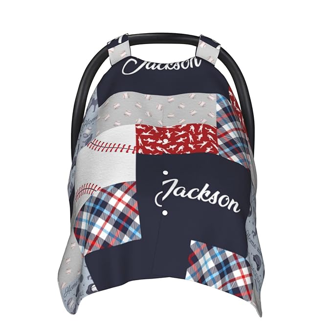Personalized Baseball Baby Car Seat Canopy for Babies with Name, Custom Sports Car Seat Covers Boys Girls, Peekaboo Opening Minky Nursing Breastfeeding Cover Infant Car Seat Canopies for Newborn