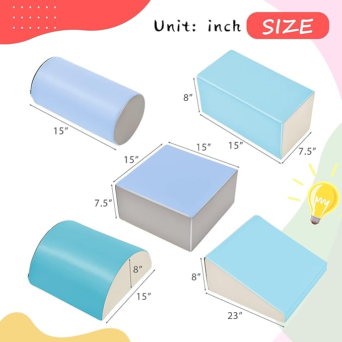 5 Piece Climb and Crawl Activity PlaySet, Including Slide Ramp,Cylinder Block and Semicircle Block,Soft Foam Indoor Active Playset for Stacking Crawling and Sliding at Home