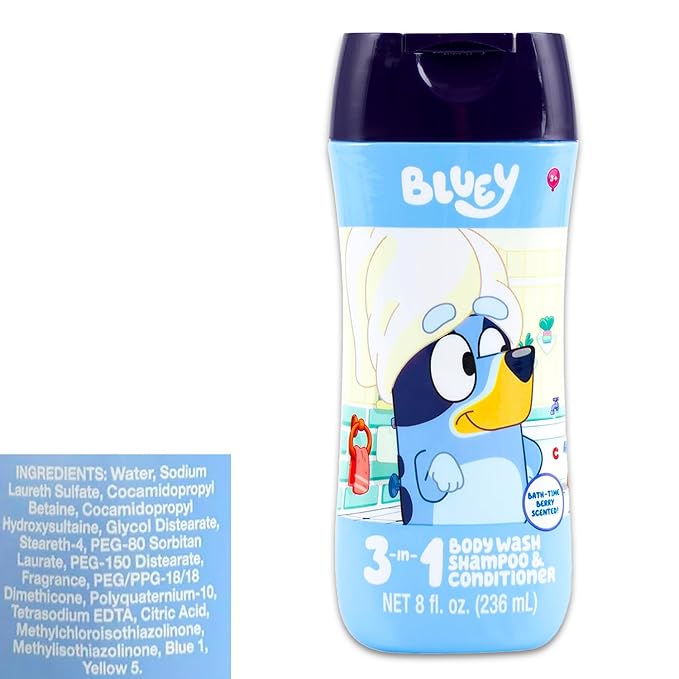 Bluey Kids Shampoo, Conditioner, Body Wash 8 Oz Bottle - Bundle with 3-in-1 Berry Scented Body Wash, Shampoo & Conditioner Plus Stickers | Bluey Bathroom Set