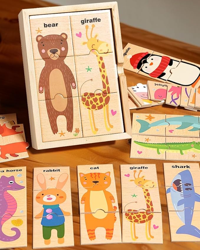 Montessori Wooden Puzzle for Toddlers, Wood Puzzle for Kids Ages 3-5, Animal Matching Game, Preschool Learning Toy, Educational Activity for 3 Year Old Boy Girl Birthday Gift, 48pc with Storage Box