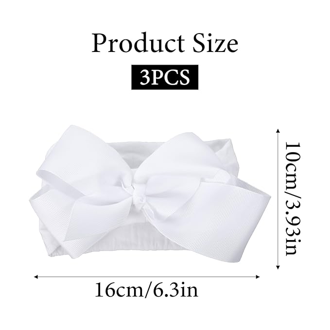 Tucnoeu 3pcs Baby Girl Headbands with Bows - Soft Stretchy Newborn Bows for Girls, Infant Toddler Hair Accessories (White, Ivory, Pink)