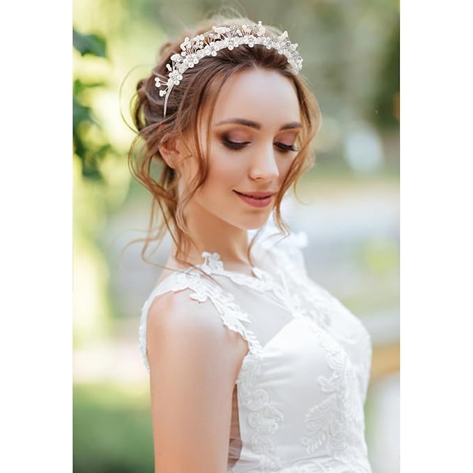 Flower Girl Wedding Headband Crystal Hair Accessories Silver Bridal Pearl Headband for Prom, Birthday, Party, and First Communion