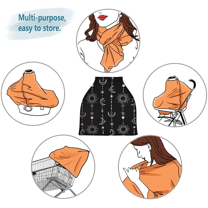 Sun Moon Stars　Nursing Cover Breastfeeding Scarf, Car Seat Covers for Babies Infant Stretchy Soft Breathable Multi-Use Cover Ups, Gift for Boys Girls
