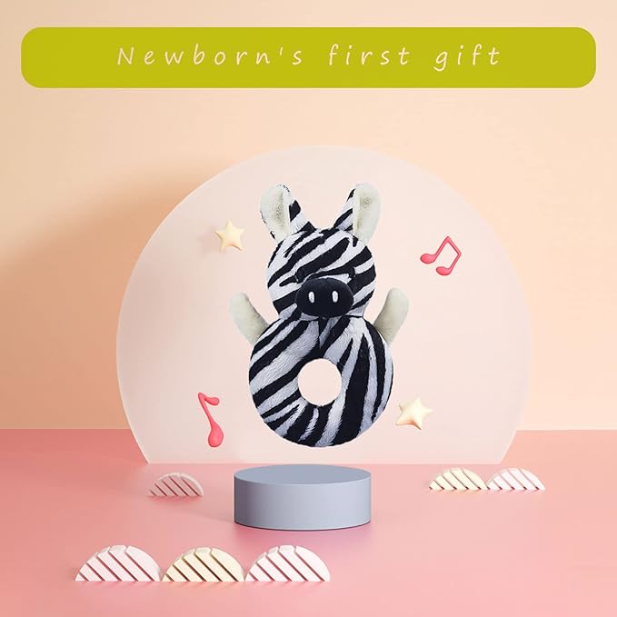 Baby Zebra Soft Rattle Toy, Zebra Plush Infant Shaker Rattle Easy-Grasp Stuffed Animal Toy, Gifts for Newborns Babies Toddlers Boys Girls, 6 Inches