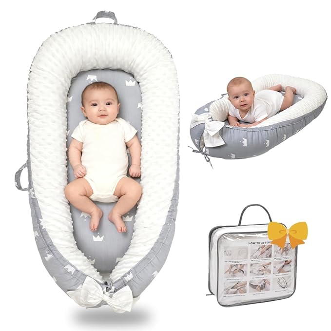 Infant Support Cushion-Breathable and Soft Organic 100% Cotton, Portable Tummy Time Mat with Removable Support Cushion Cover, Floor Baby Support Cushion for Newborn - Grey Crown