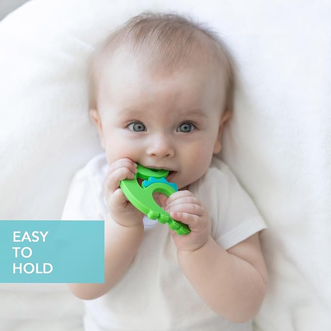 Bumkins Baby Teething Freezer Toy Keys Rings, Soft Flexible Silicone Pacifier, Safe to Chew, Cool Teether Gum Relief, Essentials for Babies 3 Months, Freezable, Sensory Textured, Dinosaur Green