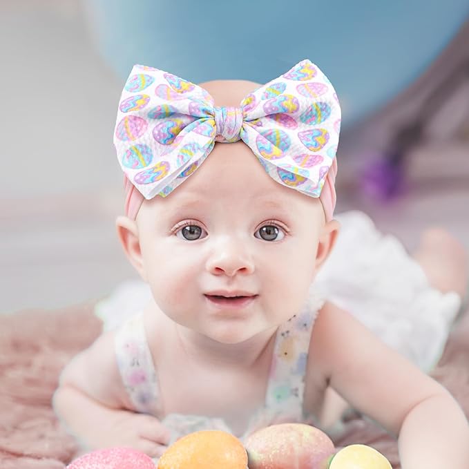 6” Easter Baby Bows Rabbit Egg Bows for Girls Newborn Easter Bunny Ears Hairbands Elastic Nylon Bows Headbands Easter Hair Accessories Pink White Blue
