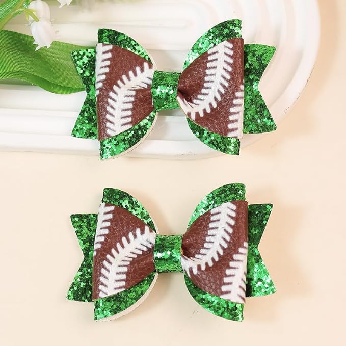 Baby Girl Hair Bow Clips Sports Hair Bow Clips, Baseball Softball Football, Faux Leather Glitter Sequin, 6 Pack, Girls Cheerleading Game Day Accessories for Little GirlsToddler Kids Teens