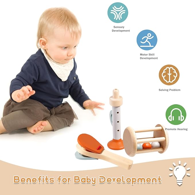 Wooden Baby Rattle, Organic Colorful Baby Rattles Set, Toddler Hand Wooden Rattles Toy Set for Infant Grasping, Sensory Development, Gift for Baby Boys Girls