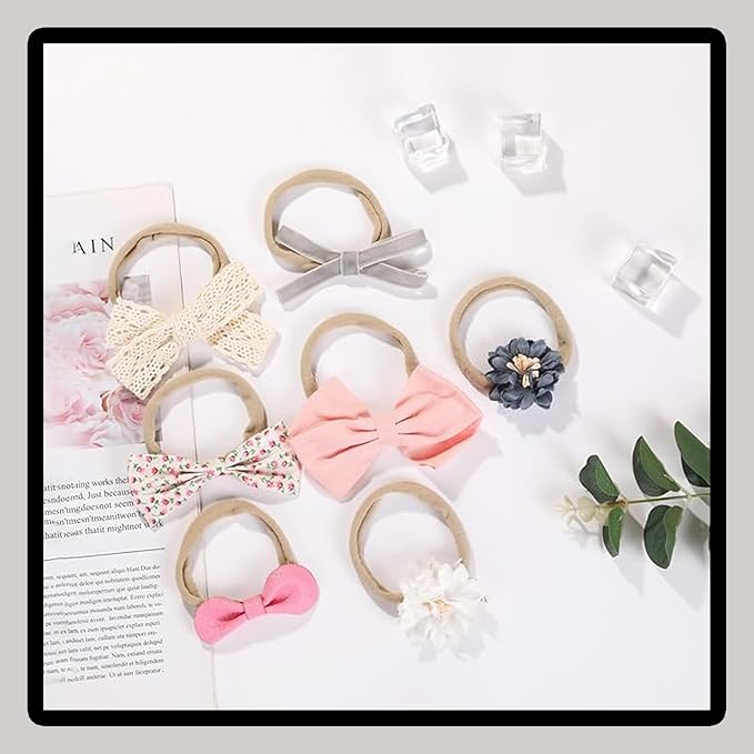 14 Pcs Baby Girl Headband Bows Soft Nylon Hairbands With Hair Bows Elastics Linen Handmade Toddler Hair Accessories For Girls Newborns Infants And Kids. (Flower Bows, Mid)