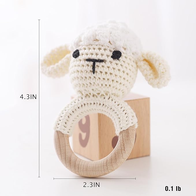 Wooden Baby Rattle, Crochet Lamb Rattle, Newborn Wooden Animal Rattle Toy, Infant Rattle Toys