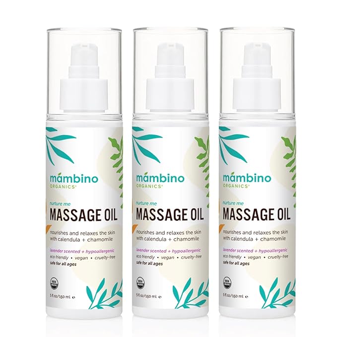 Mambino Organics Massage Baby Oil, Body Oil for After Shower, Egyptian Calendula, Chamomile & Lavender Infused, Gentle for Baby & Kids, 5 fl oz, 3-Pack