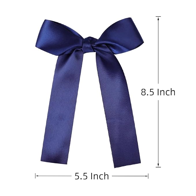 2-Pack Long Satin Ribbon Hair Bows for Girls – Elegant Silk Hair Clips for Toddlers, Infants, Teens & Kids - Navy Blue