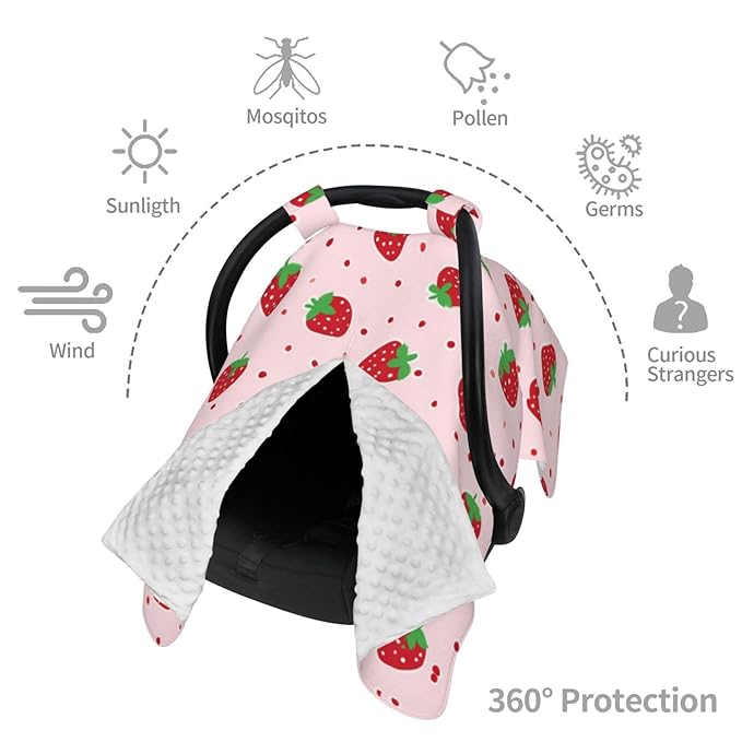 KiuLoam Pink Dots Strawberry Baby Car Seat Canopy, Nursing Cover for Mom Breastfeeding Scarf, Infant Car Seat Cover/Multiuse Baby Stroller Covers for Babies Boys Girls