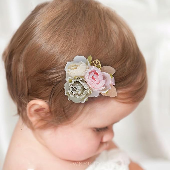 3pcs Girls Flower Hair Clips, Floral Hair Barrettes w/Boutique Fully Lined Alligator, Hair Bows for Baby Newborn Toddler