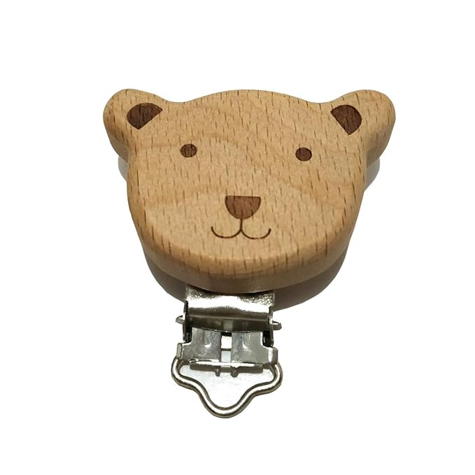 5pcs Natural Beech Wood Animal Pacifier Clips Grasping Toy Suspender Chain Clips Charm Antique DIY Beading Accessory (Bear)