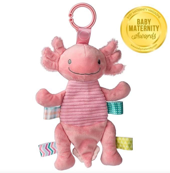 Taggies Baby Rattle with Crinkle Paper Activity Toy with Sensory Tags, 9-Inches, Pink Axolotl