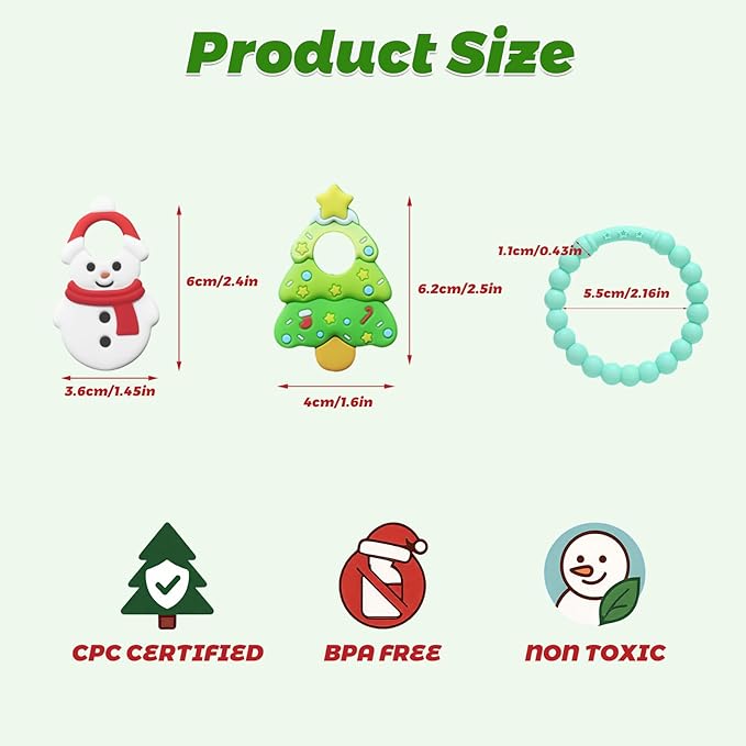 Christmas Baby Teething Toys, Snowman & Tree Silicone Teether for 3-12 Months, Textured Sensory Chewing Ring for Infants & Toddlers, Boo Basket Stuffer, Gift for Baby’s First Christmas