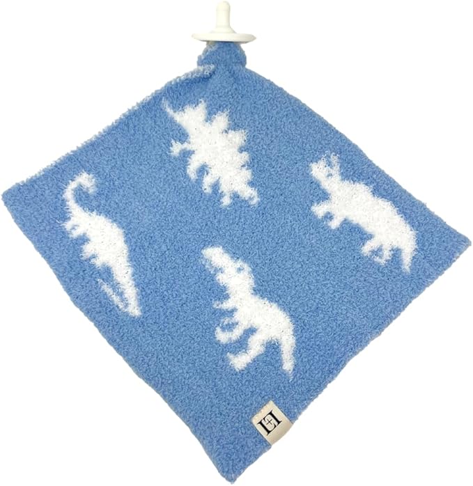 L+L USA Dinosaur Baby Lovey Pacifier/Teether Holder 10"x10" - DreamSoft Plush Fluffy Cuddly Soothie Reversible Mini Comfort Blanket - Newborn Gift Essential Babies Boys Girls (Baby Blue/White)