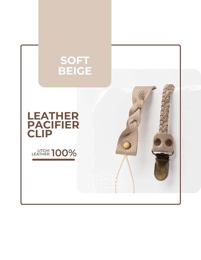 Little Bug Boutique 2-Pack Leather Baby Pacifier Clips - Neutral Pacifier Holders for Baby Girls & Boys, Paci & Binky Clips or Strap for Toys & Teethers (Light Cream), Pacifier NOT Included