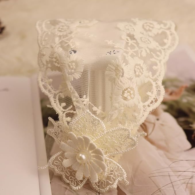 Baby Girls Headband Lacy Bow Pearl Wide Hair Band Turban for Infants Newborn Toddler Floral Ivory Elastic Head Wrap Breathable Sun Bonnet Hair Accessories (Ivory G)