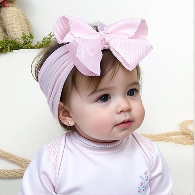 Baby Girl Soft Nylon Bow Elastic Headband Turban Toddler Infant Bow-knot Stretchy Hair Band Birthday Party Hair Bow Ribbon Accessories for Newborn Baby (Bow 1 - Pink, Elastic)