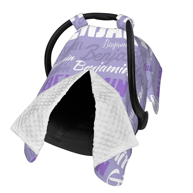 Personalized Baby Car Seat Canopy for Babies, Custom Name Baby Car Seats Covers for Boys Girls, Opening Minky Nursing Breastfeeding Cover for Infant, Carseat Canopies for Newborn (Light Purple)