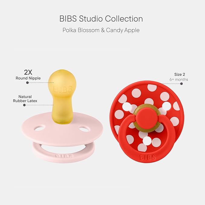 BIBS Polka Dots Pacifier 2-Pack, BPA Free Pacifiers with a Round Latex Nipple, Made in Scandinavia, Size 2 (6-18 Months), Blossom/Candy Apple