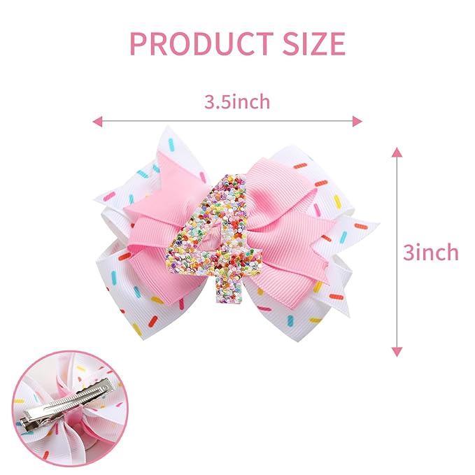 Birthday Hair Clips for Baby Girls - 2Pc Pink Sprinkle Bow Hair Clips for 4th Birthday Glitter Ice Cream Baby Bow Party Decorations for Girls Toddlers Hair Accessories (Pink-4 Years)