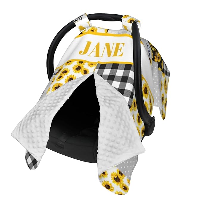 Personalized Baby Car Seat Canopy for Babies, Custom Name Car Seat Covers for Boys and Girls, Opening Minky Nursing Breastfeeding Cover for Infant, Carseat Canopies for Newborn (Elephant Sunflower)