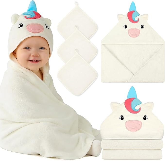 Flasoo 4 PCS Baby Towels Set, Soft Absorbent Baby Hooded Bath Towel, 1 Baby Towel and 3 Baby Washcloths for Newborns, Toddlers, and Kids, 32x32 inch Baby Towel for Boy and Girl (White Unicorn)