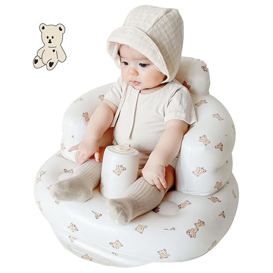 Inflatable Baby Seat - Infant Safety Support, Blow Up Baby Floor Seat with Built in Air Pump- Perfect for Travel, Beach, Camping - Ideal for Babies 3 Months and Up (Bear)