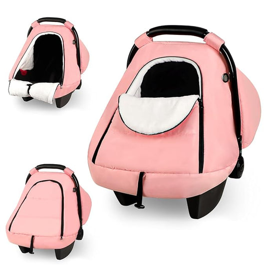 SWESEN Winter Car Seat Covers for Babies, Cozy & Warm Cover, Infant Car Seat Canopy Water Resistant, Universal Cold Weather Shield, Pink