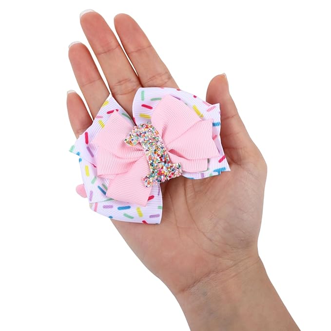 2pcs Birthday Hair Bow for Baby Girls, Sprinkle Confetti 1st Birthday Girl Headband, Ice Cream Party Theme Bow Clips for Baby Girls Pink Hair, Happy 1st Birthday Girl Hair Bow Clips