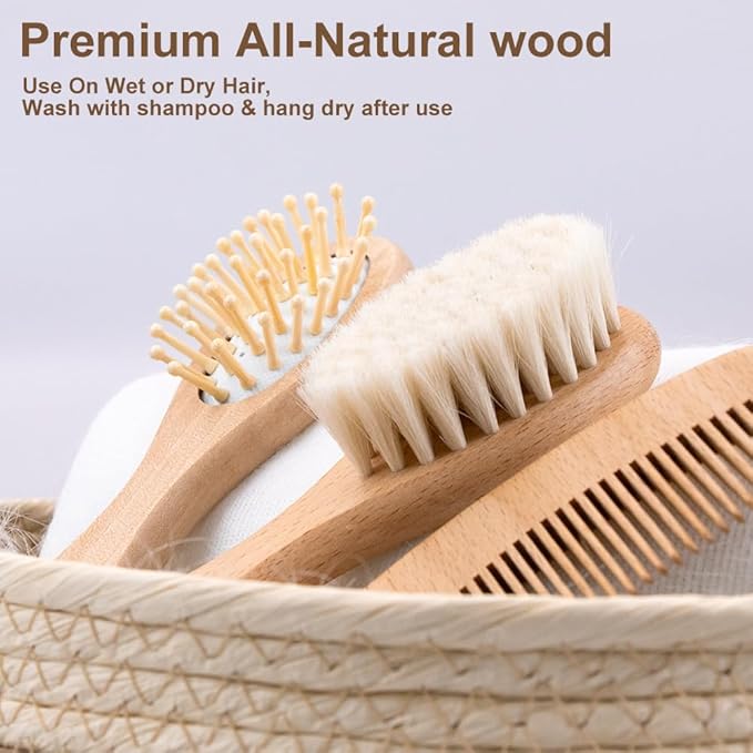 Personalized Wooden Hair Brush Set with Soft Goat Bristles - Toddler Cradle Cap Brush and Newborn Baby Registry Gift