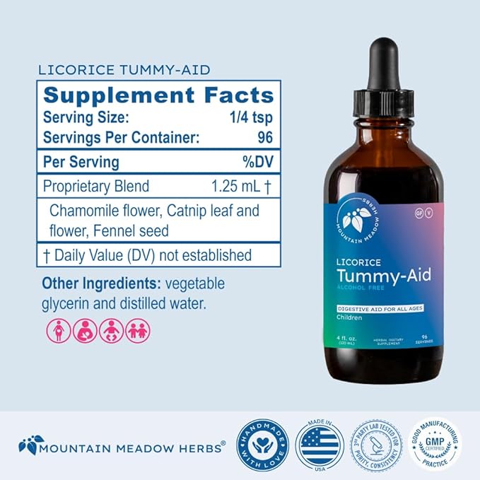 Mountain Meadow Herbs Licorice Tummy-Aid for Babies & Kids – Gas Relief Drops for Colic, Upset Stomach, Reflux & Bloating – Natural, Alcohol-Free Liquid Formula – 4 oz