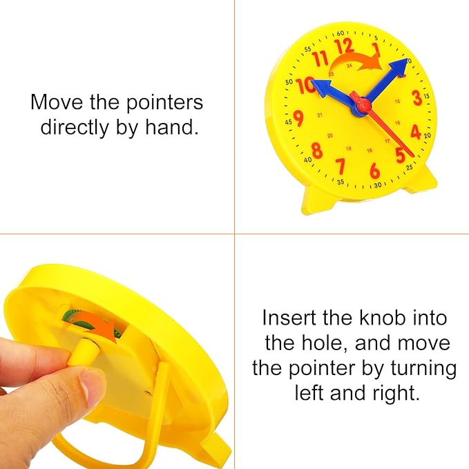 PATIKIL 4 inch Teaching Clock, Learn Clock Learning Tell Time Analog Clock Demonstration Clock 24 Hour 3 Pointers Geared Movement for Classroom Teacher, Yellow