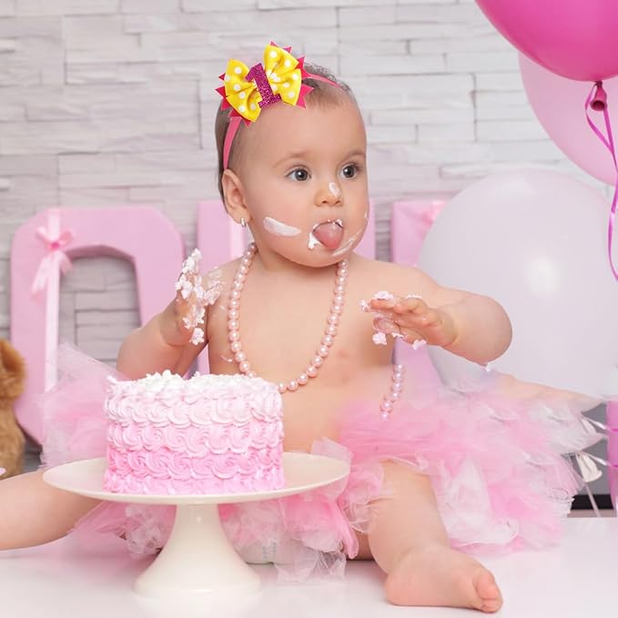 Birthday Hair Bow for Baby Girls - 2Pc Yellow Sprinkle Bow Headband for 1st Birthday Glitter Ice Cream Baby Party Decorations for Girls Toddlers Hair Accessories
