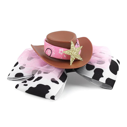 YanJie 3.5’’ Cowgirl Hat Bow Clips for Girls Western Hair Accessories Rodeo Outfit Cow Print Bows for Girl Birthday Gifts Back to School Clip
