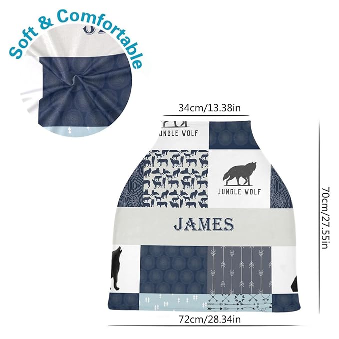Personalized Woodland Wolf Baby Car Seat Covers for Boys, Custom Name Nursing Cover Breastfeeding Scarf, Multi-Use Carseat Canopy, Infant Stroller Cover, Breathable Carseats Cover